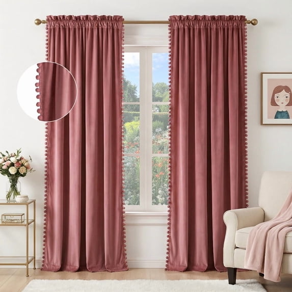 NICETOWN Pom Pom Velvet Curtains for Bedroom, Room Darkening Thermal Insulated Rod Pocket Velvet Drapes, Cute Curtains for Baby Room, 52"x108", 2 Panels, Dry Rose