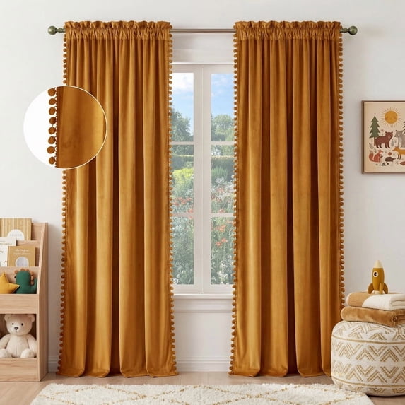 NICETOWN Pom Pom Velvet Curtains for Home Theater, Luxury Rod Pocket Velvet Drapes, Thermal Insulated Room Darkening Curtains, 52"x84", 2 Panels, Golden Brown