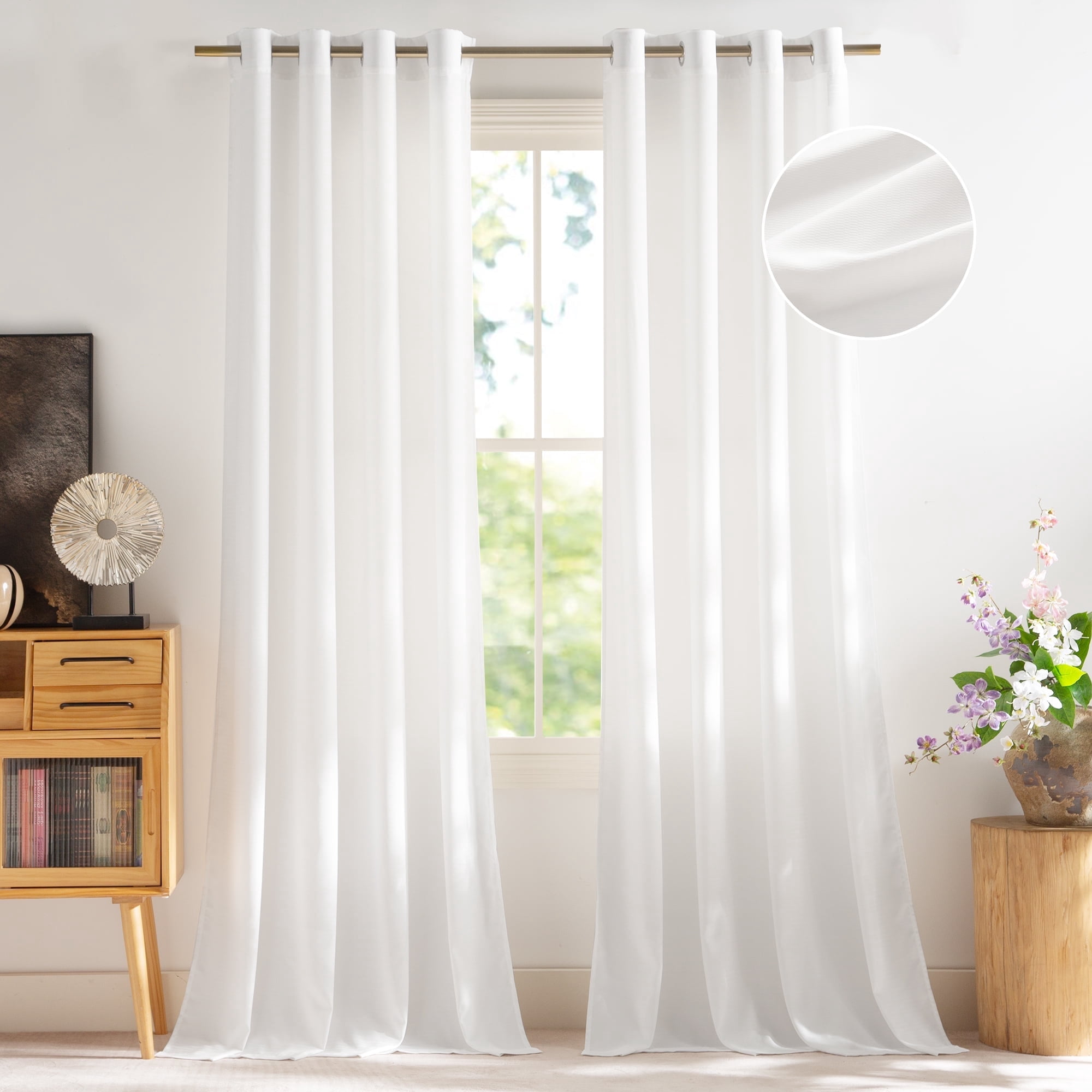NICETOWN Privacy Sheer Curtains 96 inches Long, Non-See-Through Fishbone Texture Sheer Curtains Light Filtering Sheer Curtain Drapes for Bedroom Living Room, White, 2 Panels