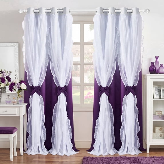 NICETOWN Purple Double Layer Blackout Curtain for Children Room, Thermal Insulated Grommet Ombre Design Blackout with Sheer Mix and Match for Bedroom, Purple, 2 Panels, W52 x L84