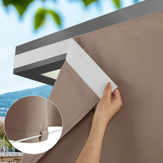 NICETOWN Rod Free Outdoor Curtain for Patio Waterproof, Sticky Top & Backtab Bottom with Free Rope Privacy Protective Windproof, 2 Panels, Tan, W52 x L84