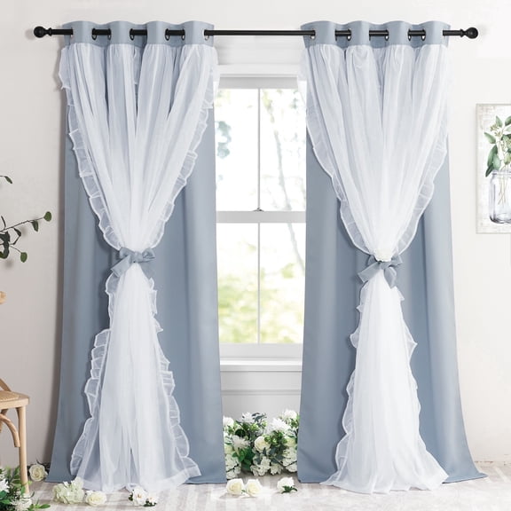 NICETOWN Ruffle Blackout Double Layer Curtains Sheer Overlay for French Country Rustic Design Room Darkening Drapes, W52 x L84, Set of 2, Pigeon Blue