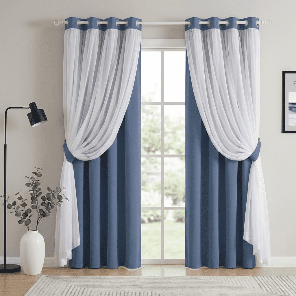 NICETOWN Double Layer Curtains for Bedroom, Solid Ruffle Blackout Grommet French Country Elegant Layered Curtains, Blue Haze, W52 x L84, Set of 2