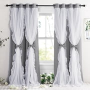 NICETOWN Ruffle Blackout Double Layer Curtains Sheer Overlay Noise Reducing Rustic Design Room Darkening Drapes, W52 x L95, Set of 2, Sliver Gray