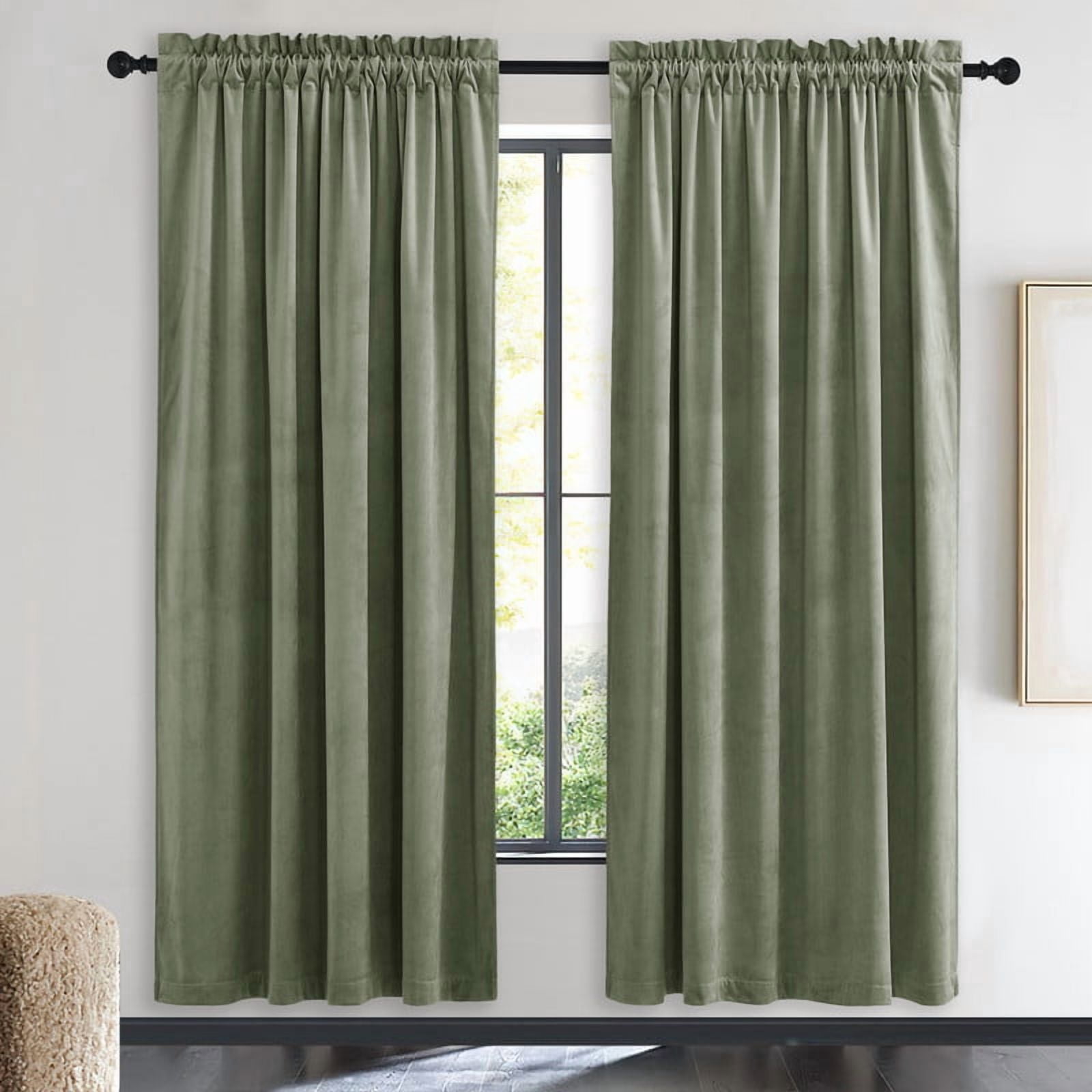 NICETOWN Sage Green Velvet Curtains 72 inches Long, Rod Pocket Thermal ...