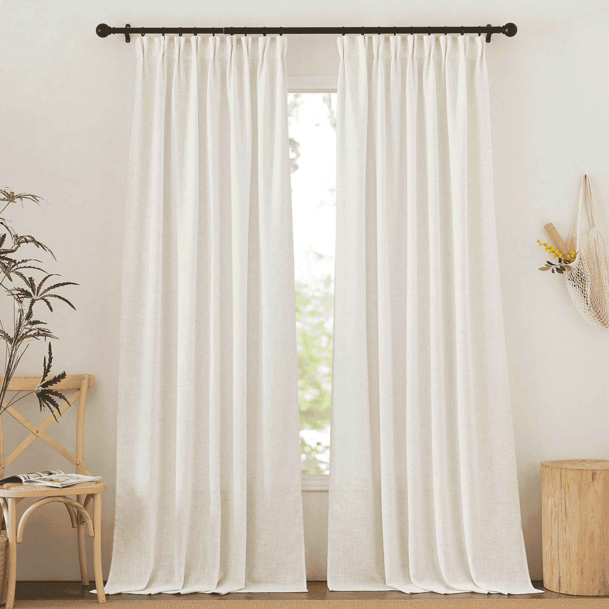 NICETOWN Semi Sheer Linen Curtains 108 inches Long for Bedroom, Light Filtering Half Privacy Back Tab/Rod Pocket Farmhouse Living Room Window Curtains, Linen, 52"x 108", 2 Panels