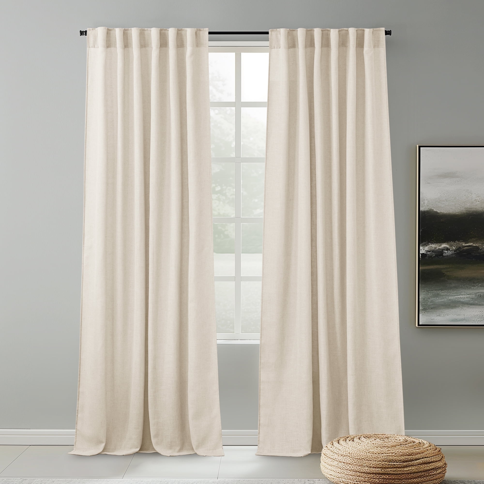 NICETOWN Semi Sheer Linen Curtains for Living Room, Light Filter Privacy Rod Pocket Back Tab Boho Linen Curtains for Nursery, Light Beige, 52"x95", Set of 2