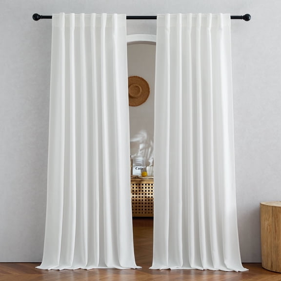 NICETOWN Semi Sheer Linen Curtains, Rod Pocket Back Tab Faux Linen Blend Privacy with Light Filtering Window Treatments Soft Flax Textured Boho Drapes, 52"x 84", White, 2 Panels