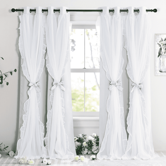 NICETOWN Blackout Double Layer Curtains for Bedroom Shabby Chic Window Ruffle Sheer Overlay Noise Reducing Thermal Drapes, W52 x L84, Set of 2, Greyish White