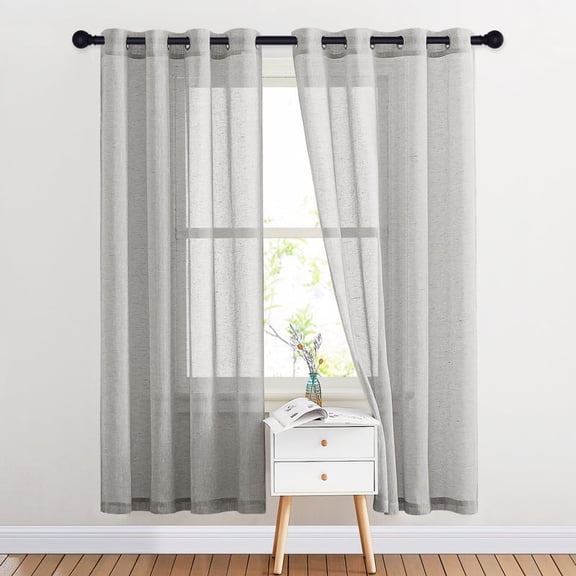 NICETOWN Sheer Curtains for Kitchen, Boho Linen Textured Grommet Semi Sheer Privacy Window Treatment Light Filter for Living Room, 52"x72", Grey, 2 Panels