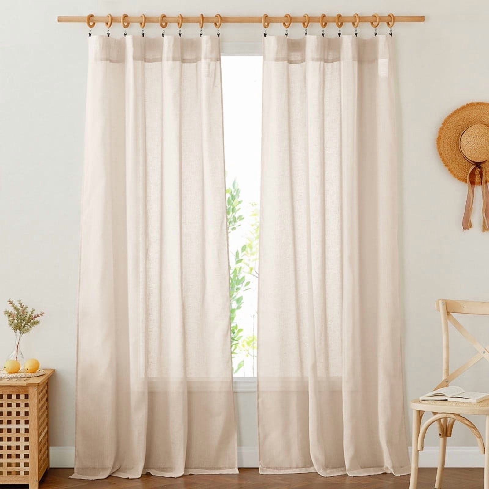 NICETOWN Sheer Linen Curtains for Dining Room, Rod Pocket & Back Tab Privacy Vertical Window Drapes with Light Filtering for Living Room, 52"x 95", Beige, 2 Panels