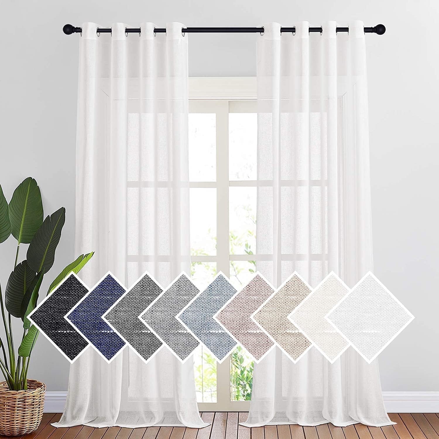 NICETOWN Sheer Linen Curtains for Living Room, Ring Top Textured Semi Sheer Panels Privacy Semitransparent Flax Open Linen Weave Sheer Drapes for Study Room, W52 x L96, White, 1 Pair