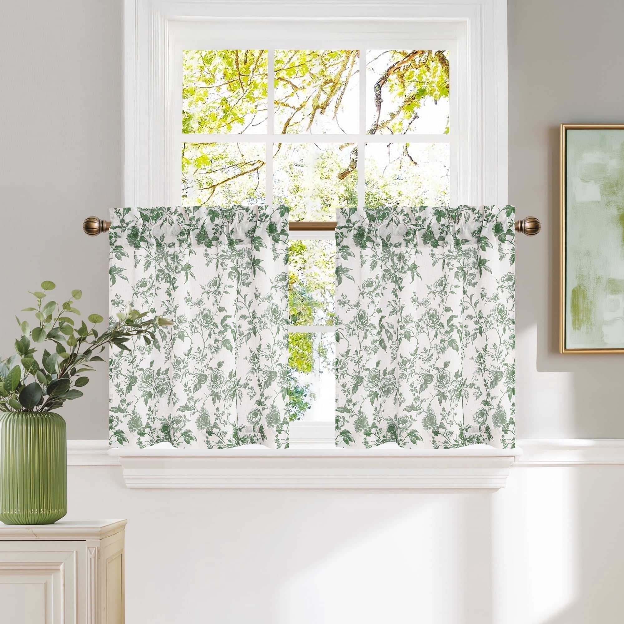NICETOWN Short Curtains for Bedroom, Sage Green Peony Patterned Linen ...