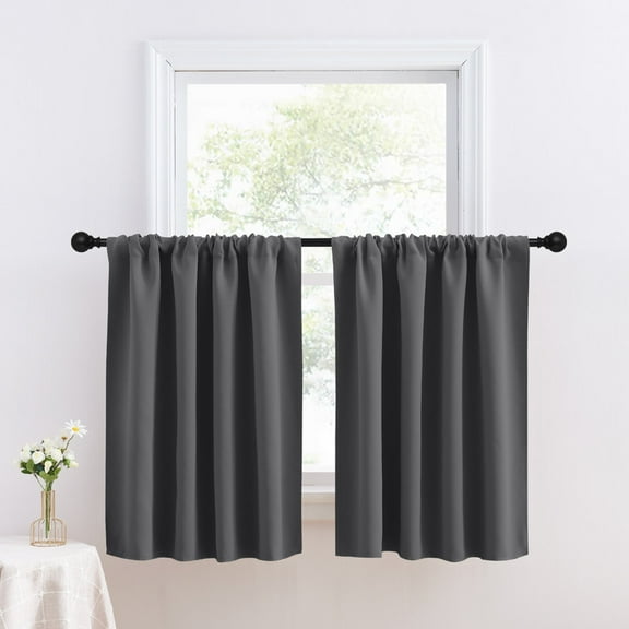 NICETOWN Short Curtains for Small Windows, Double Rod Pocket Adjustable Blackout Tiers for Basement, Thermal Insulated Energy Efficient Kitchen Curtains, Grey, 42"x24", 2 Panels