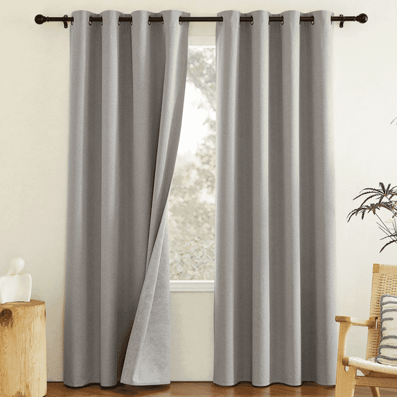 NICETOWN Silvery Grey Solid Full Blackout Curtains, Linen Light Blocking Curtains Thermal Insulated Energy Saving Grommet Drapes for Dining Room Nursery, 52"x90", 2 Panels