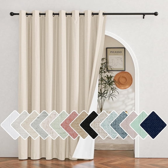 NICETOWN Sliding Door Curtains Room Divider Curtain for Living Room, 100% Blackout Linen Curtains Patio Door Curtains Wide Energy Saving Privacy Grommet Curtains for Bedroom, Beige, 100"x95", 1 Panel