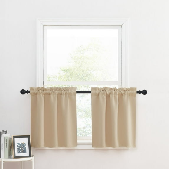 NICETOWN Small Blackout Curtains for Bathroom, Energy Efficient Kitchen Adjustable Rod Pocket Tier Curtain Panels Short Curtains for Basement, Biscotti Beige, 29"x24", 2 Panels