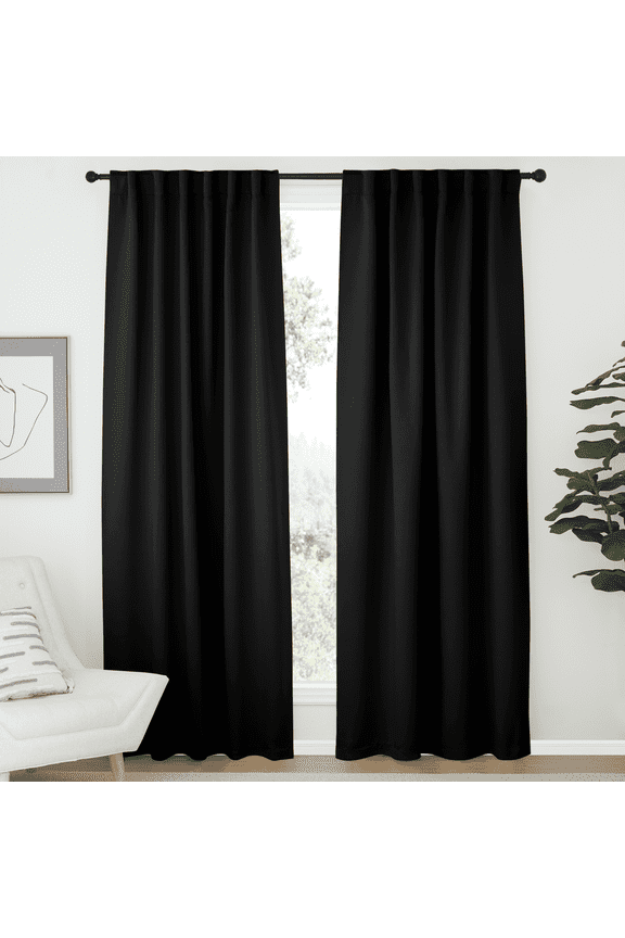 Solid Blackout Curtains Thermal Insulated Back Tab and Rod Pocket Black Curtains, 84" x 52" (2 Panels)
