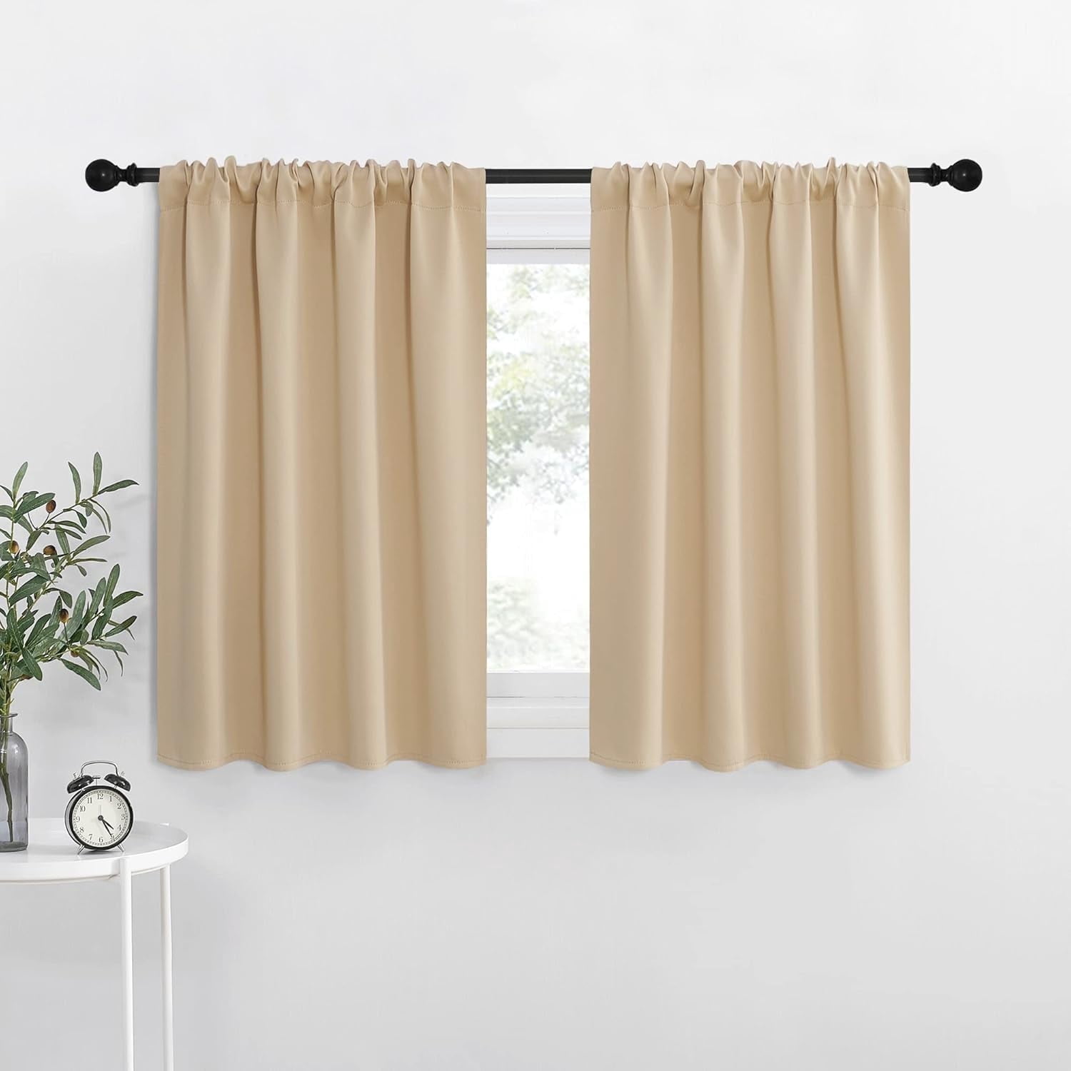 NICETOWN Solid Color Thermal Insulated Blackout Curtains Rod Pocket Window Treatments for Kitchen 34x36 inch, Biscotti Beige, 2 Panels