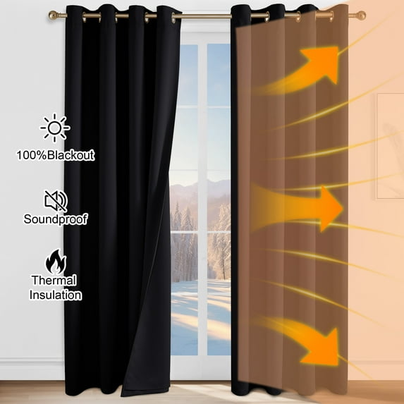 NICETOWN Soundproof Curtains for Living Room, 3 Layers Full Blackout Curtains Grommet Thermal Insulated Drapes for Dining Room, Inside Detachable Felt Liner Curtains, Black, 52"x84", 2 Panels