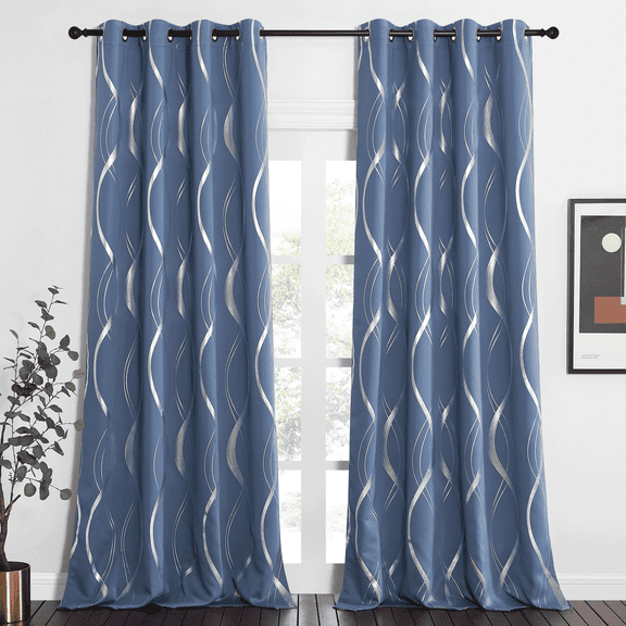 NICETOWN Stone Blue Blackout Curtains 52 X 108 Inches Long 2 Panels, Wave Line Design Room Darkening Curtains for Bedroom Thermal Insulated Grommet Window Curtains for Living Room
