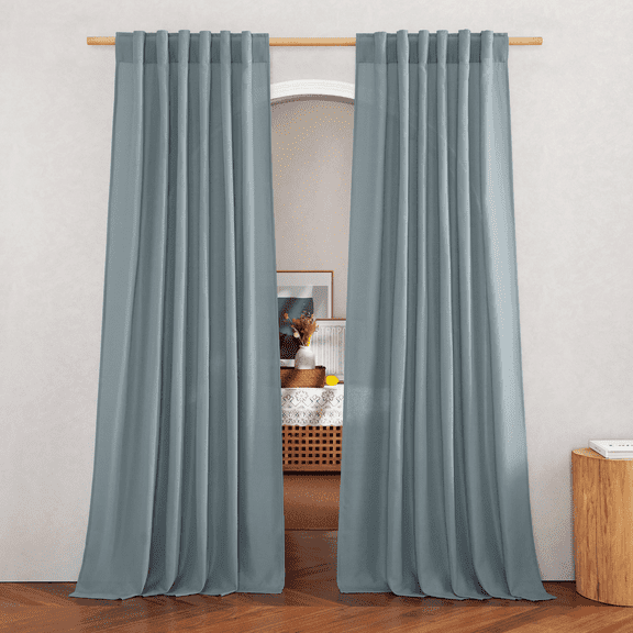 NICETOWN Stone Blue Linen Curtains 63-inch Length Flax Texture for Kitchen/Bedroom, 2 Panels, Rustic Back Tab Linen Blend Semi Sheer Privacy Added Window Treatments Light Filtering for Living Room