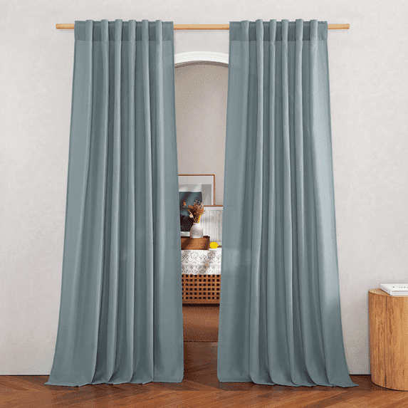NICETOWN Stone Blue Linen Curtains 63-inch Length Flax Texture for Kitchen/Bedroom, 2 Panels, Rustic Back Tab Linen Blend Semi Sheer Privacy Added Window Treatments Light Filtering for Living Room