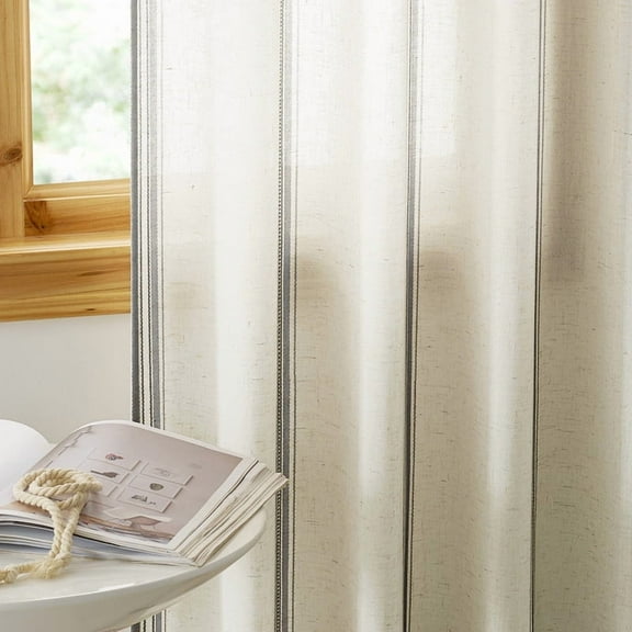 NICETOWN Striped Curtains for Kitchen, Linen Curtains Light Filtering Back Tab Farmhouse Rustic Drapes for Bedroom, Gray, 52"x96", Set of 2
