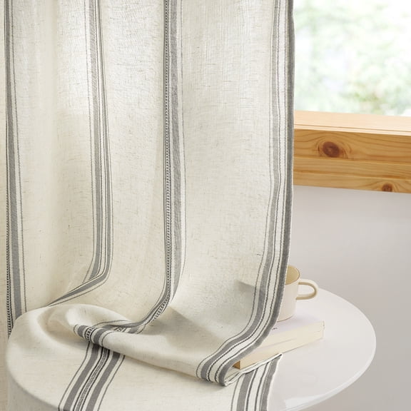 NICETOWN Striped Curtains for Kitchen, Linen Curtains Light Filtering Back Tab Farmhouse Rustic Drapes for Bedroom, Gray, 52"x96", Set of 2