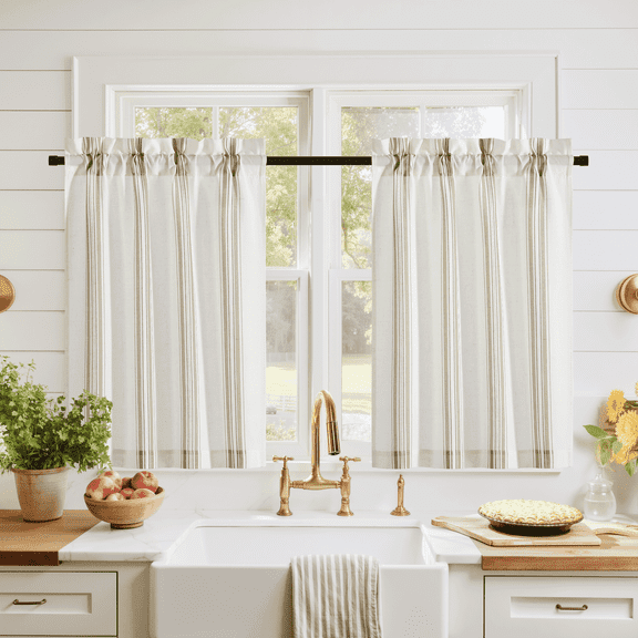 NICETOWN Striped Kitchen Curtains, Rod Pocket Semi Sheer Linen Short Curtains Light Filtering Small Cafe Curtains for Bedroom Basement, Taupe, 26"x36", 2 Panels