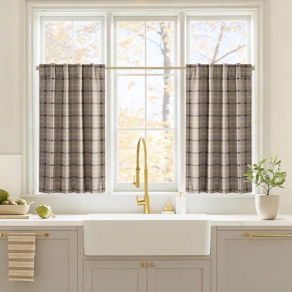 NICETOWN Taupe Farmhouse Gingham Tiers Kitchen Fall 100% Blackout Curtains 36 Inches Long, Buffalo Plaid Check Half Window Cafe Curtains for Kitchen Bathroom, 26" x 36", Set of 2