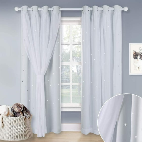 NICETOWN Thermal Insulted Bedroom Curtains, Star Cut Layered Blackout Window Treatment Curtains with Sheer (Greyish White, 52W by 95L, 1 Pair)