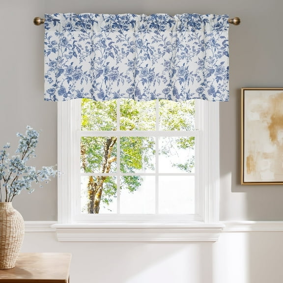 NICETOWN Valance Curtains for Kitchen, Blue Peony Flower Linen Curtains Rod Pocket Semi Sheer Light Filtering Valance Curtains for Bathroom, 52"x18", 1 Panel