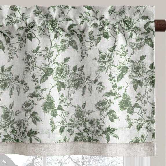 NICETOWN Valance Curtains for Kitchen, Double Layer Floral Linen Curtains, Rod Pocket Farmhouse Semi Sheer Light Filtering Linen Cafe Curtains, Sage Green, 52"x18", 1 Panel
