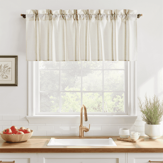 NICETOWN Valance Curtains for Kitchen, Farmhouse Striped Valance Curtains Semi Sheer Linen Small Window Valance Light Filtering Rod Pocket Valance Curtains for Basement, Taupe, 52"x18", 1 Panel