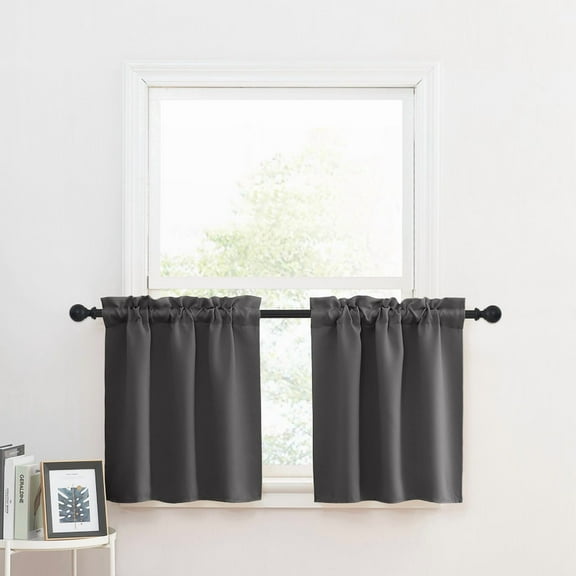 NICETOWN Valance Curtains for Kitchen, Rod Pocket Blackout Window Valances for Bedroom Living Room, Thermal Insulated Short Curtains, Grey, 29"x24", 2 Panels