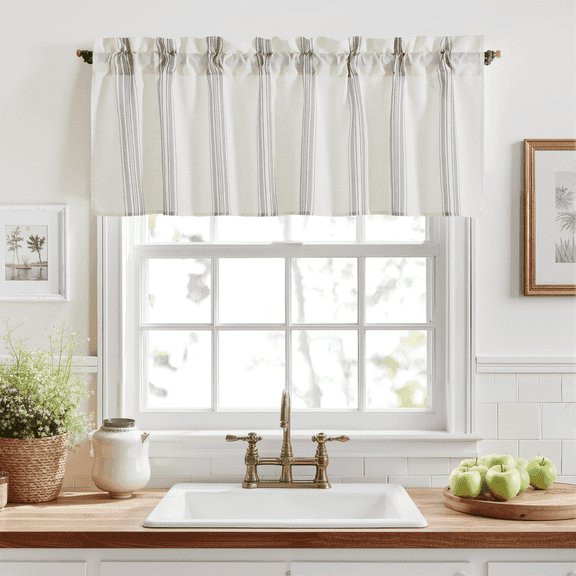 NICETOWN Valance Curtains for Kitchen, Striped Farmhouse Linen Valance for Bathroom, Rod Pocket Light Filtering Privacy Protection Valance Curtains, Blue, 52"x18", 1 Panel