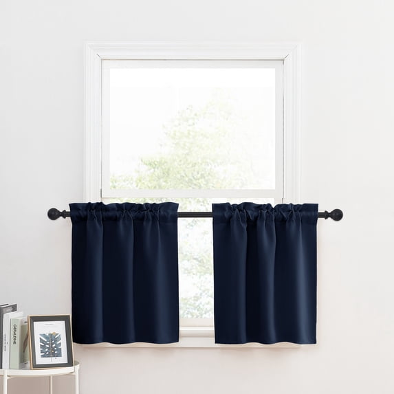 NICETOWN Valance Curtains for Small Windows, Rod Pocket Blackout Window Valances for Bedroom Living Room, Thermal Insulated Short Curtains, Navy Blue, 42"x18", 2 Panels
