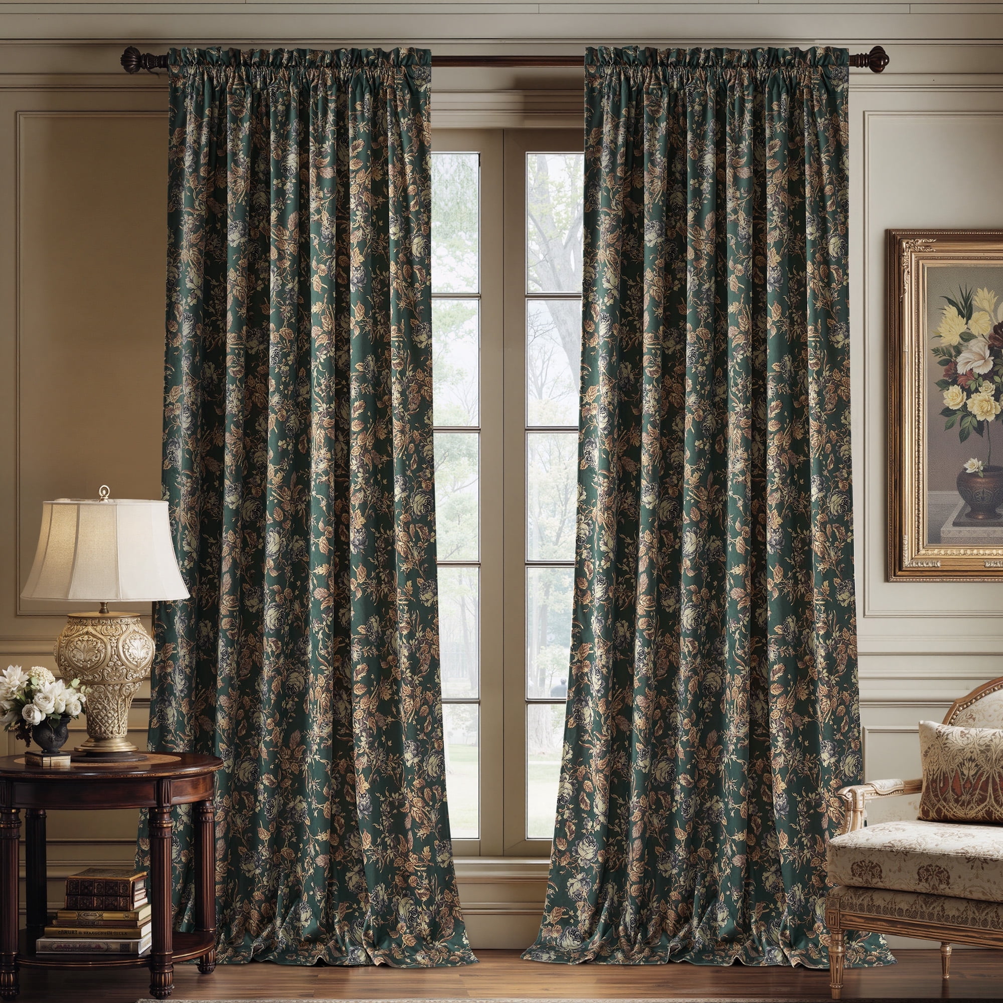NICETOWN Velvet Blackout Curtains, Vintage Print Luxury Room Darkening Rod Pocket Thermal Insulated Window Drapes for Home Office, Green, 52"x 96", 2 Panels