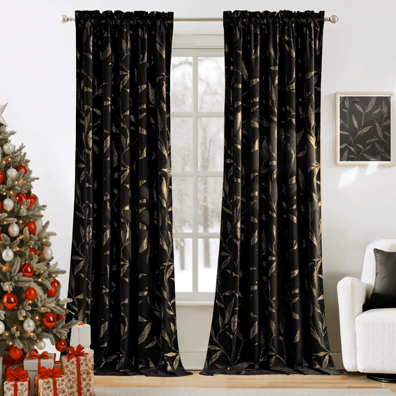 NICETOWN Velvet Curtains 84 Inches Long, Leaf Patterned Gold Foil Printed Curtains for Bedroom Living Room Soft Room Darkening Thermal Insulated Rod Pocket Window Drapes, Black, 2 Panels
