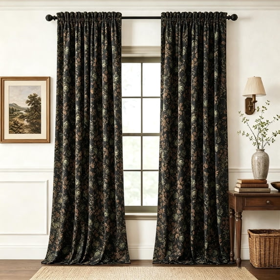 NICETOWN Velvet Curtains 84 inches Long, Printed Floral Vintage Thermal Insulated Room Darkening Rod Pocket Drapes for Bedroom Living Room, Black, 52"x84", 2 Panels