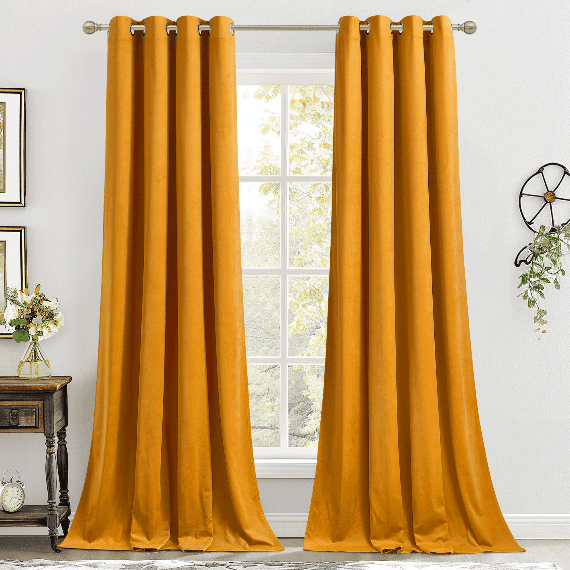 NICETOWN Velvet Curtains 90 inches Long for Living Room, Blackout Thermal Insulated Soundproof Velvet Drapes Grommet Room Darkening Window Curtains, Marigold, 52"x 90", 2 Panels