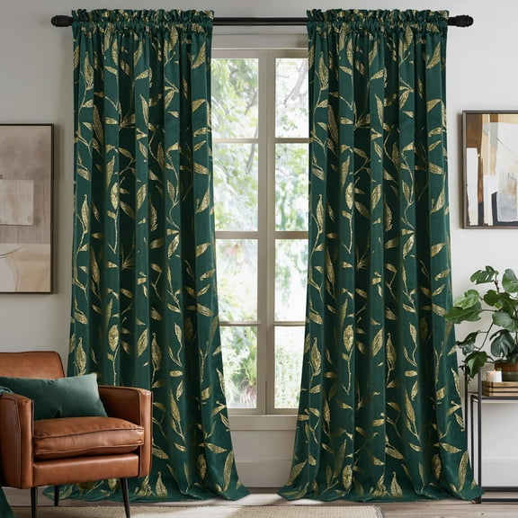 NICETOWN Velvet Curtains for Living Room, Soft Vintage Leaf Patterned Gold Foil Printed Velvet Curtains Rod Pocket Room Darkening Thermal Insulated Window Drapes, Dark Green, 50"x84", 2 Panels
