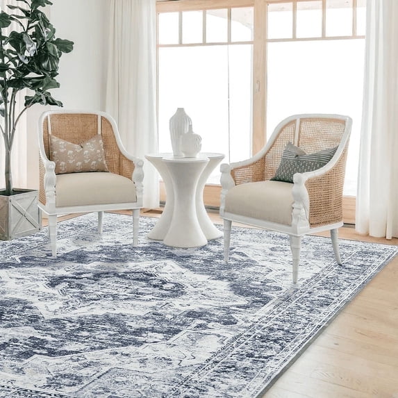 NICETOWN Washable Stain Resistance Area Rug for Living Room, 8'x10' Thin Non-slip Vintage Soft Foldable Carpet for Bedroom, Blue & Grey