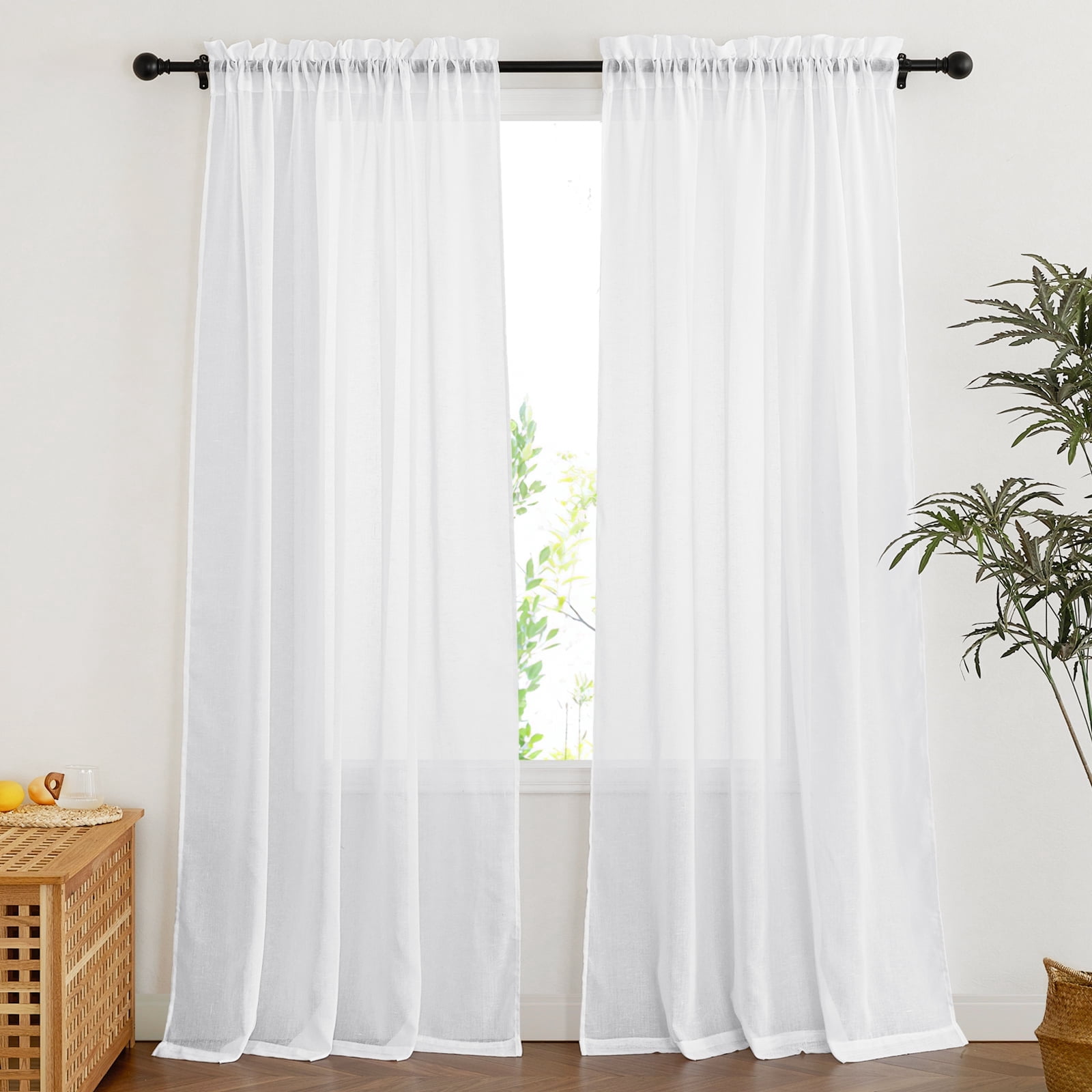 NICETOWN White Linen Curtains for Living Room, Rod Pocket Linen Sheer Curtains Semi Sheer Linen Curtains Privacy Light Filtering Window Treatments for Bedroom, 52"x108", 2 Panels