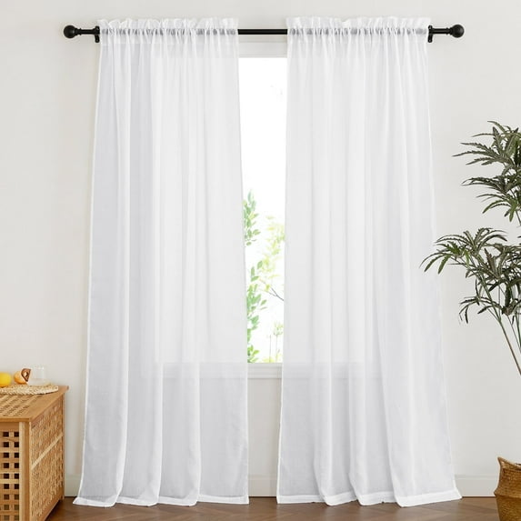 NICETOWN White Linen Sheer Curtains for Living Room, Rod Pocket Semitransparent Balance Privacy & Light Filtering Vertical Sheer Flax Drapes, 52"x84", 2 Panels