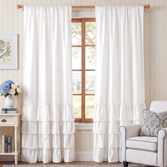 NICETOWN White Shabby Chic Ruffle Curtains for Living Room, Layered Ruffle Window Curtains for Girls Bedroom Dorm Room, Rod Pocket Decorative Drapes, 52 x 84 inches, 2 Panels