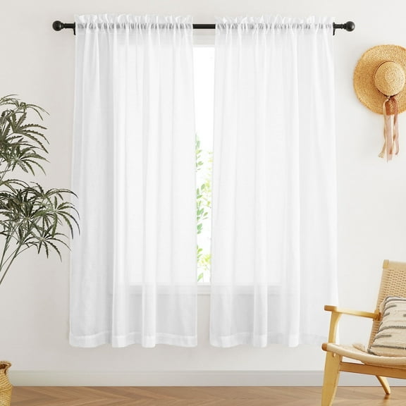 NICETOWN White Sheer Linen Curtains for Bedroom, Rod Pocket Privacy Vertical Window Curtains & Drapes with Light Filtering, 52"x72", 2 Panels