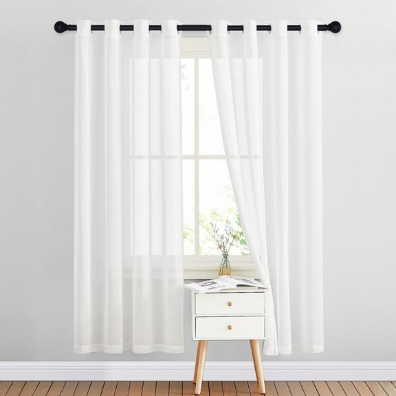 NICETOWN White Sheer Linen Living Room Curtains 72 inch Length 52" Wide, 2 Panels, Rustic Grommet Top Linen Textured Semi-Sheer Privacy Window Treatment Light Filtering for Hallway
