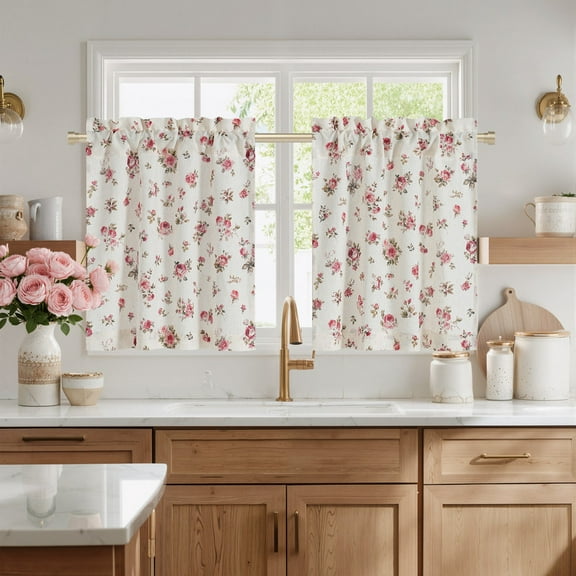 NICETOWN kitchen Window Curtains, Floral Linen Cafe Curtains Rod Pocket Farmhouse Light Filtering Semi Sheer Linen Curtains for Bathroom Basement, Red, 26"x24", 2 Panels
